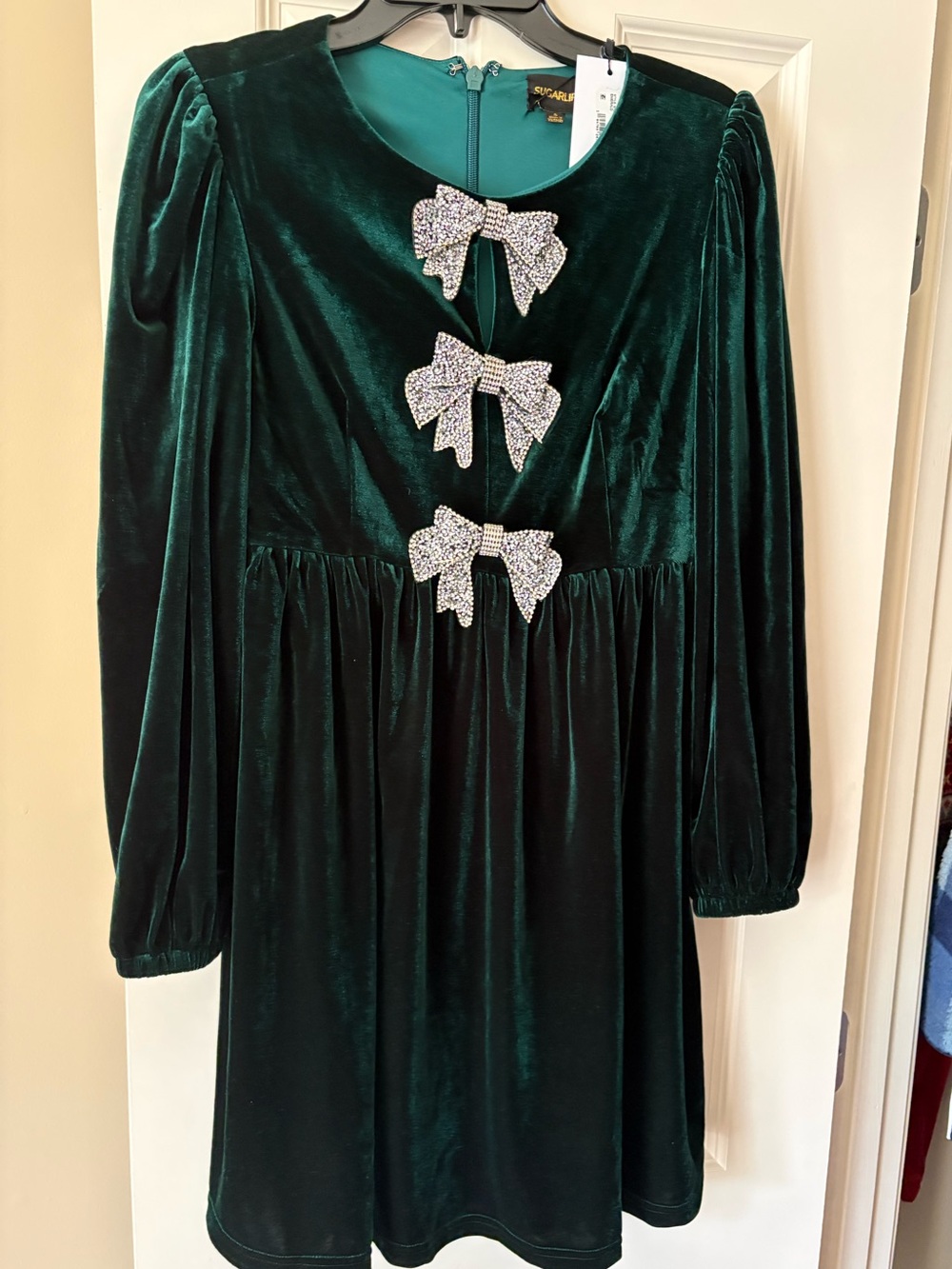 Sugarlips Emerald Green Velvet Dress with Rhinestone Bow Accents - NWT
